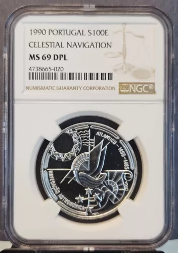 1990 PORTUGAL SILVER 100 ESCUDOS CELESTIAL NAVIGATION NGC MS 69 DPL TOP POP 1