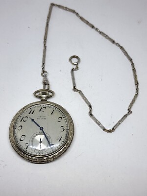 Vtg White Gold Filled Elgin Natl Watch Co De Luxe Filigree Etched Pocket  Watch