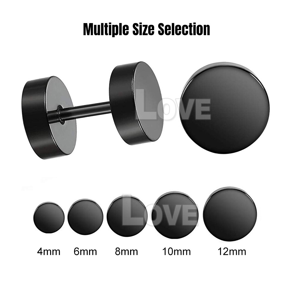 PAIR BLACK FLAT ROUND BARBELL EARRINGS PLUG GYM MENS MM STUD 316