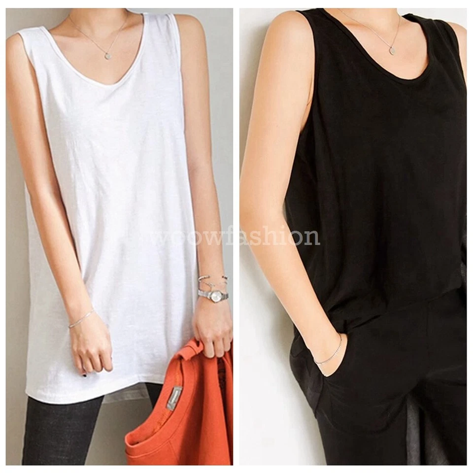 Blusa larga túnica fluida de bambú calce suelto sin mangas con cuello redondo para mujer Foto 2 de 4