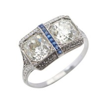 Art Deco Two Tone Cz Diamond Blue Sapphire Wedding Ring In 925 Sterling Silver