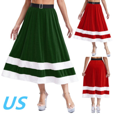 Women's Christmas Santa Velvet Skirt High Waist Stripe Ruffled A