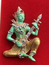Vtg Thai Goddess Musician Art Brooch Pin- Enamel & Rhinestone Siam Asian