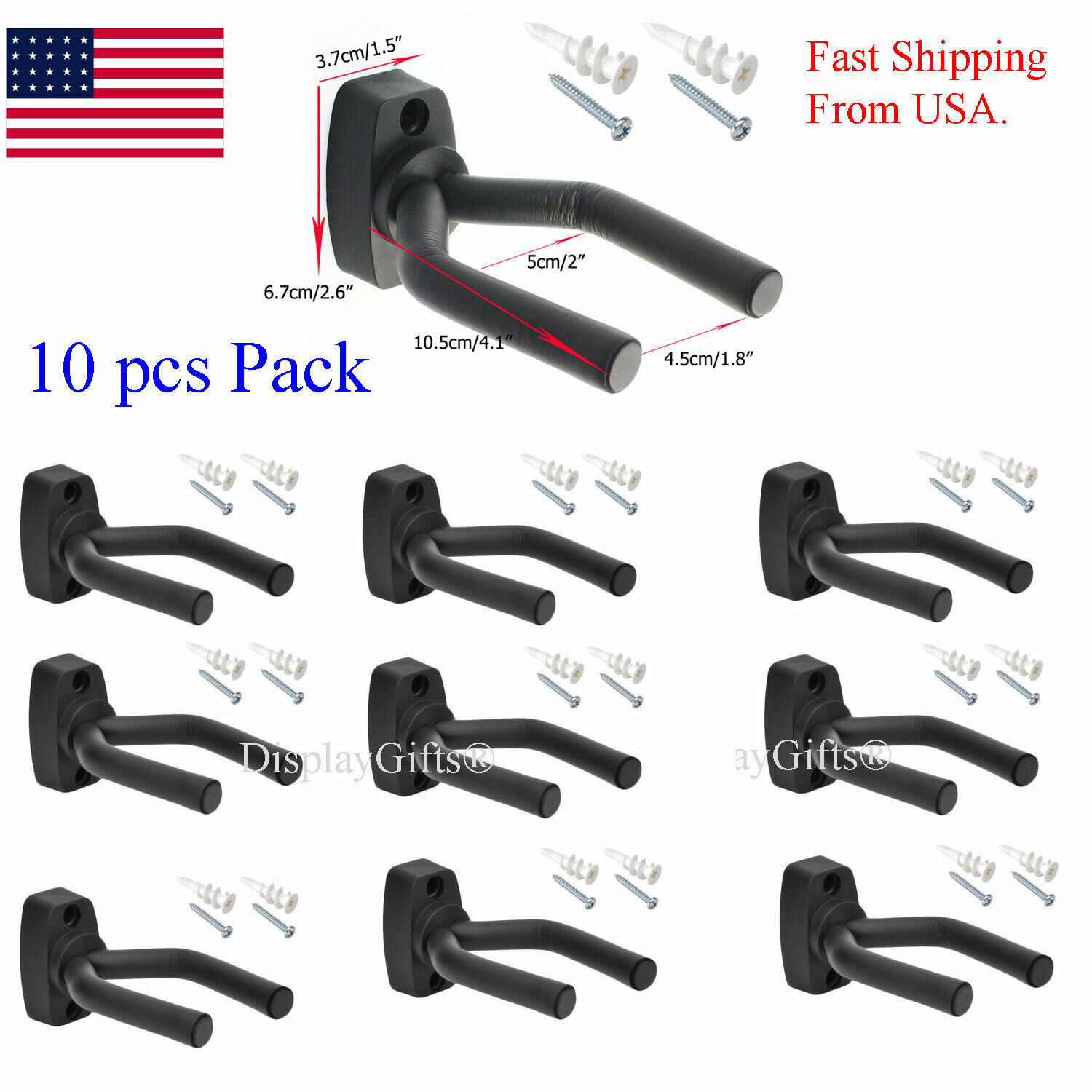 10 PCS Pack Guitar Hangers Hook Holder Wall Mount Hanger Display Instrument