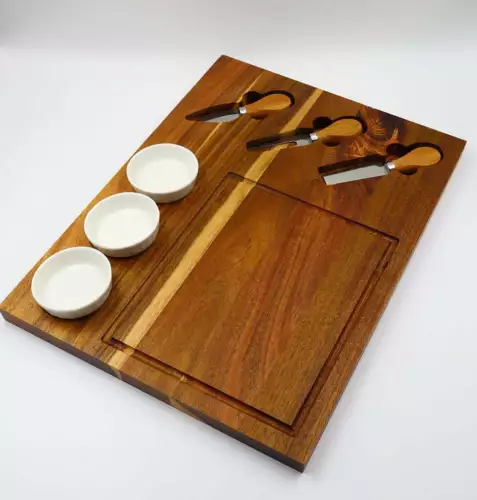 Käseplatte aus Akazienholz 40x30x2cm Käsebrett mit Besteck Schalen 3 Käsemesser