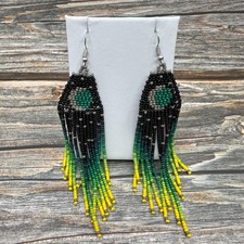 Boho Seed Bead Fringe Earrings Long Dangle Black Green Yellow Festival Statement