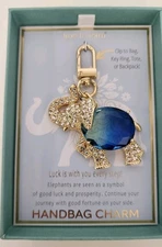 True To Form  Blue Crystals Elephant Gold Tone Handbag Charm ~ New In Box 