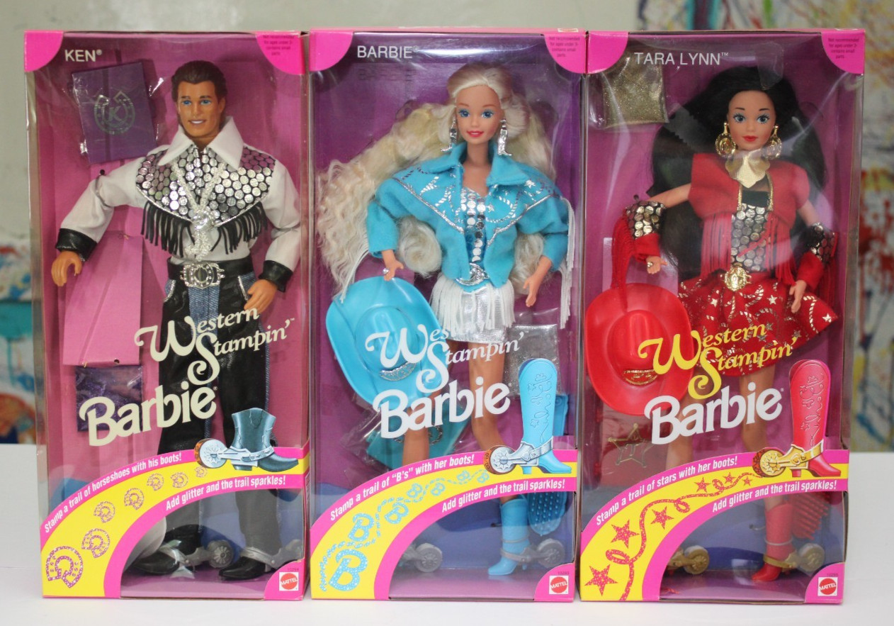 VTG 1993 Mattel Complete Set of Western Stampin' Dolls Barbie KEN Tara Lynn *NEW