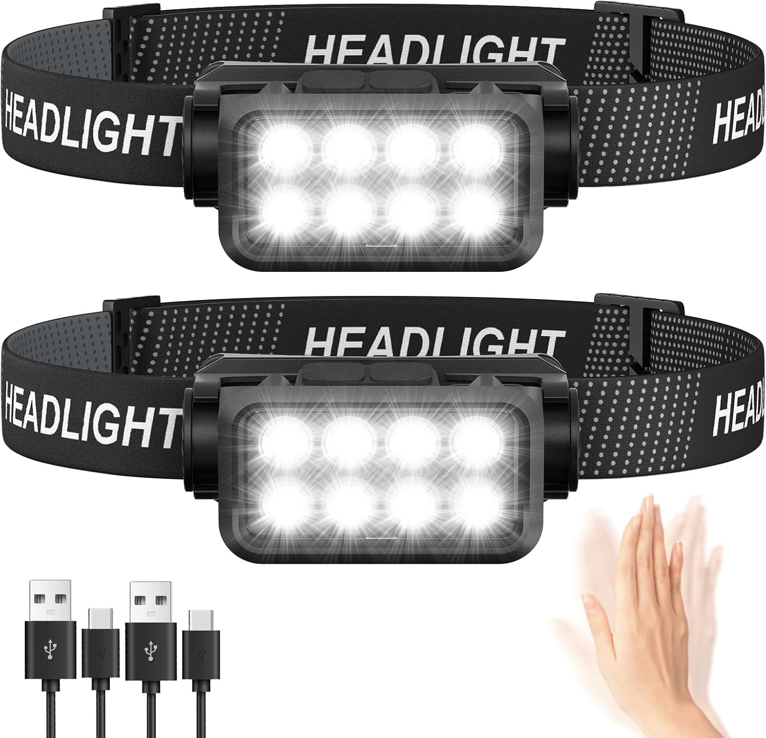 2-Pack Rechargeable LED Headlamp Flashlight 8 LEDs 2500 Lumen Ultra-Light Black