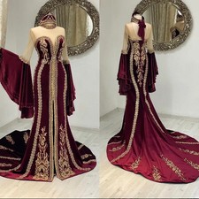Burgundy Velvet Evening Dresses with Ruffles Lace Applique Beaded Prom Gowns