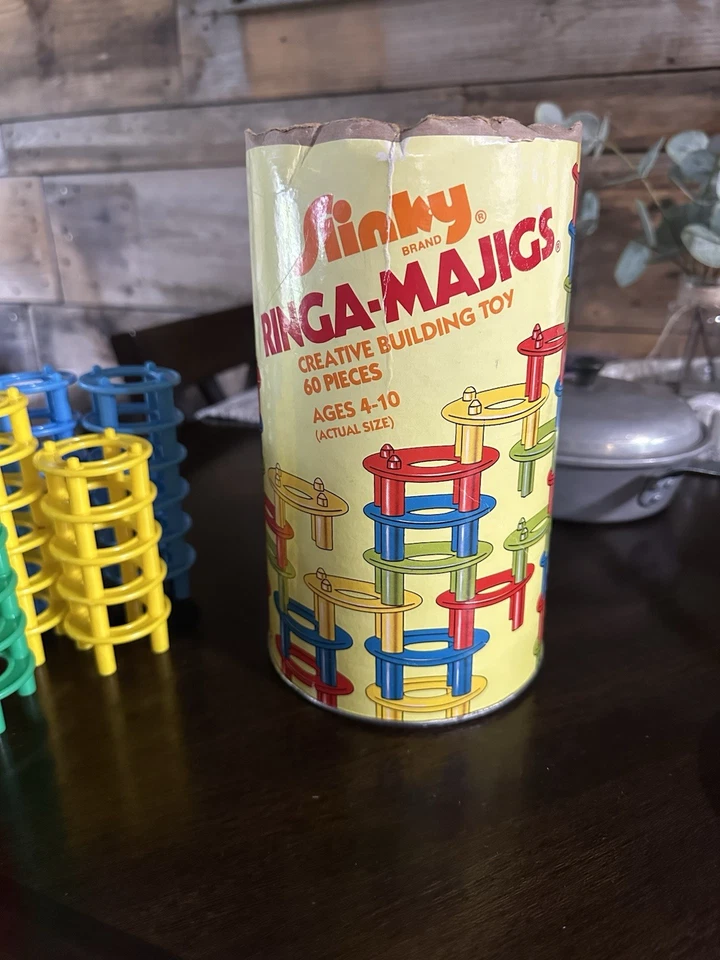 Vintage Slinky Ringa-Majigs Complete Building Toy Canister 57 Pieces USA Made - Image 2 of 3
