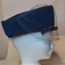 Vintage Stuart Original Veiled Pillbox Hat Genuine Velour Size 22.5 Blue 7 inch