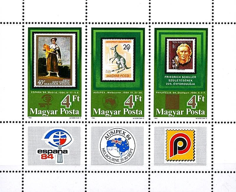 HUNGARY 1984 STAMP SHOWS M/S MNH STAMP on STAMP, ANIMALS, PAINTINGS