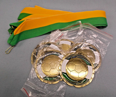 5 pack Soccer Medal   2½  Gold Enameled   Wide Green/Gold Neck Ribbon   Award
