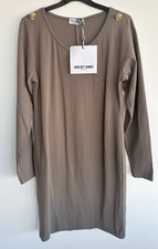 ODI ET AMO Taupe Cotton Knit Shift Dress V-Neck Long Sleeve Knee L Button