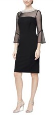Alex Evenings cocktail dress Beaded Illusion Neckline Sheer 3/4 Sleeves Ruffle