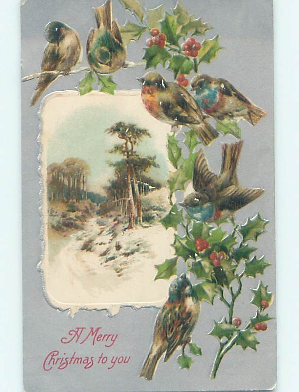 Pre-Linen christmas LOTS OF BIRDS IN THE HOLLY BRANCHES PLUS WINTER SCENE hr2798