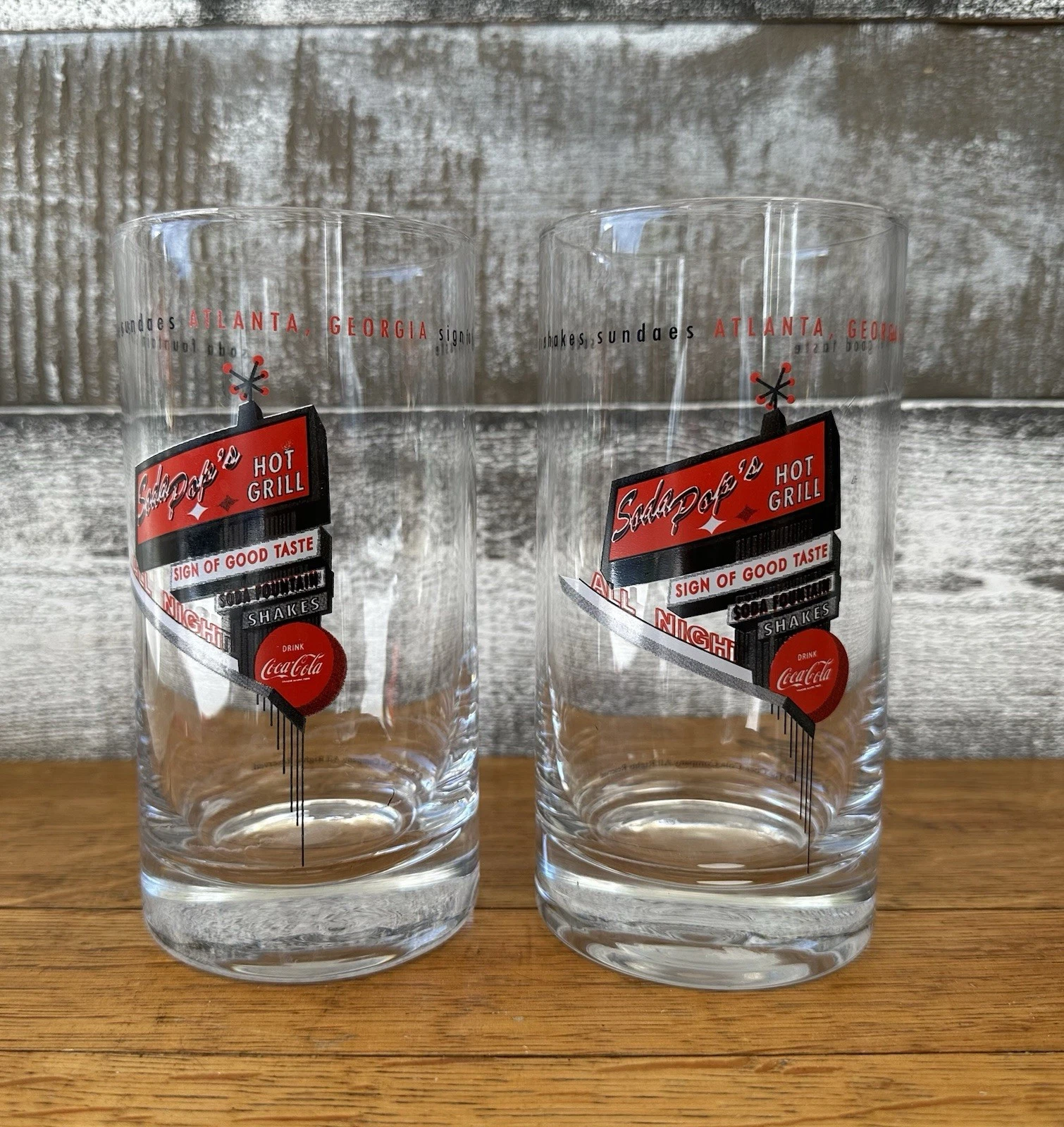 Pair Of 2 Clear Coca Cola Glasses - Soda Pops Hot Grill Atlanta, Ga.