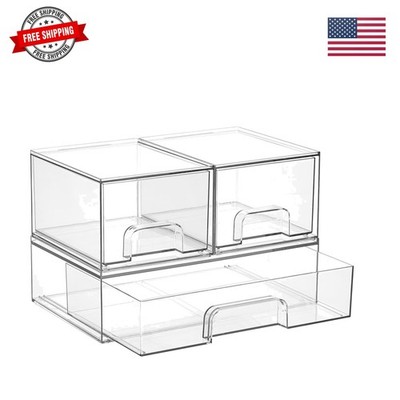 Stackable Storage Drawers Set of 3,Clear Plastic Organizer Bins for Makeup, C...