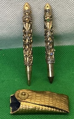 2 Vintage 1960s Ornate Gold Mechanical Pencils Chatelaine Style w/Gem Accents