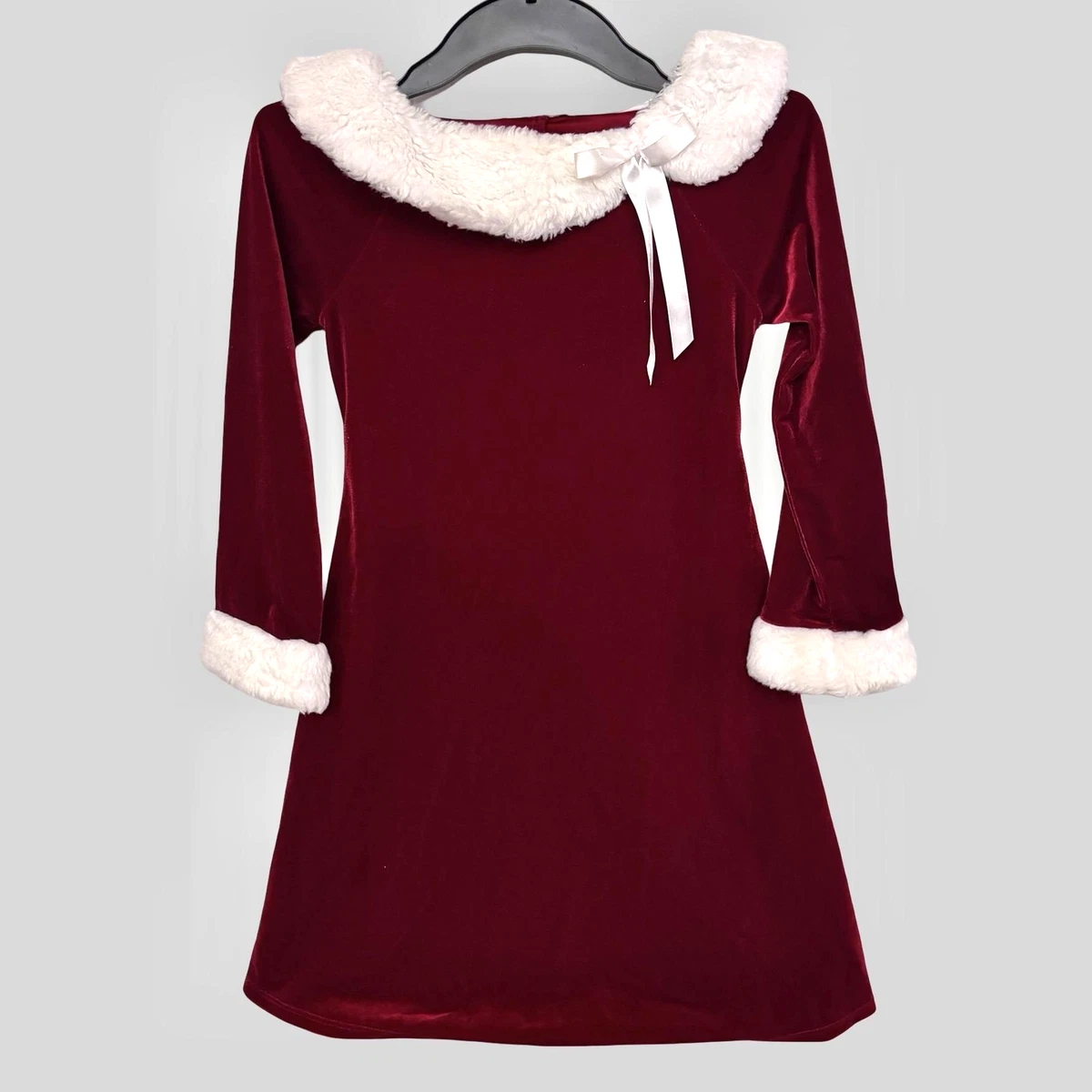 christmas dresses with fur Christmas Dresses for Women with Faux Fur Trim V Neck Long Sleeve Cocktail Party Dress Swing A-Line Holiday formal Dresses