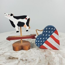 Wooden Painted Cow With Heart And Arrow American Flag Painted Heart