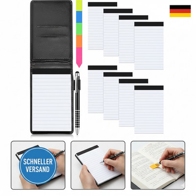 Meetory Mini Notizblock A7 Set 11 Stück, Mini Notizbuch mit 8 Ersatzblöcke, PU L