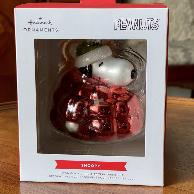 2025 Hallmark Peanuts SNOOPY IN RED PUFFER COAT Glass Christmas Ornament NEW+BOX