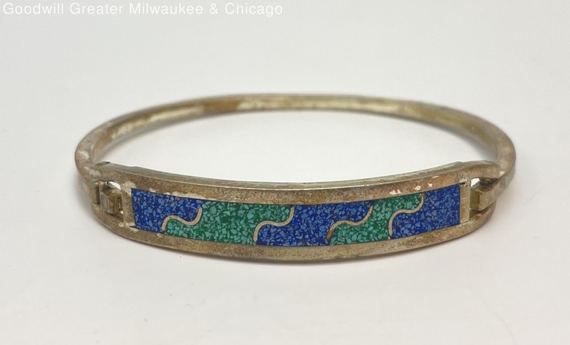 Silver Tone Mexico Turquoise & Malachite Inlay Bangle Bracelet 12.1g