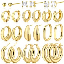 Gold Hoop Earrings for Women, 12 Pairs Chunky Trendy 12mm, Gold-12Pairs