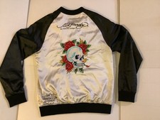 VINTAGE Y2K ED HARDY Skull Rose Embroidery Sukajan Bomber Satin Jacket WOMENS L