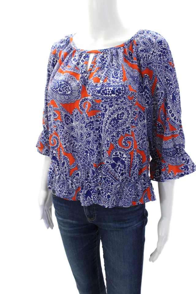 Blusa Top Azul Trina Turk Para Mujer Estampado de Seda Cuello Redondo Manga 3/4 Talla S Foto 2 de 4
