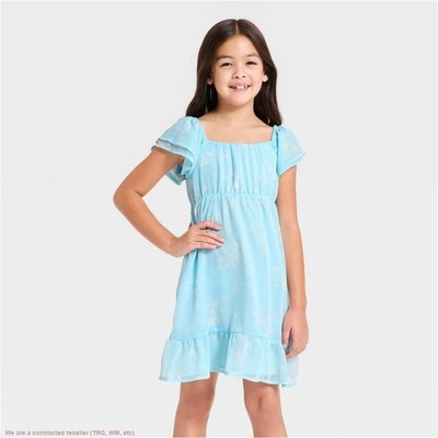 Girls' Ruffle Short Sleeve Chiffon Floral Dress - Light Blue L *SEE DEAL!!!*