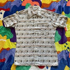 Vintage 80s Button Up Shirt Men  s Small Beige Tan Geometric Boat Art Hipster 90s