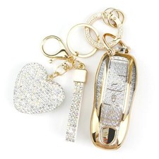 Key Fob Cover with Diamond Keychain Compatible with Porsche Car Key White