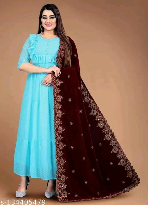 Heavy Embroidery Velvet Dupatta For Bride And Women 2.3 Mtr  - Image 2 of 3