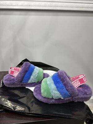 UGG Fluff Yeah Slide Pride Stripes Purple Rainbow Slippers