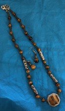 Brown And Silver Tone Necklace and Earrings Set