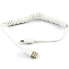 Coiled USB Cable MicroUSB Charger Cord Power Wire Sync White for Cell Phones