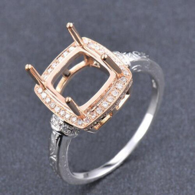 8x8mm Cushion Cut 14K 2-Tone Gold Natural Diamond Semi Mount Ring Prong  Setting