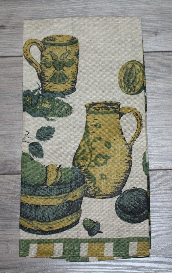 Vintage GREEN & GOLD FRUIT BASKET FALL KITCHEN Linen Design Kitchen Tea