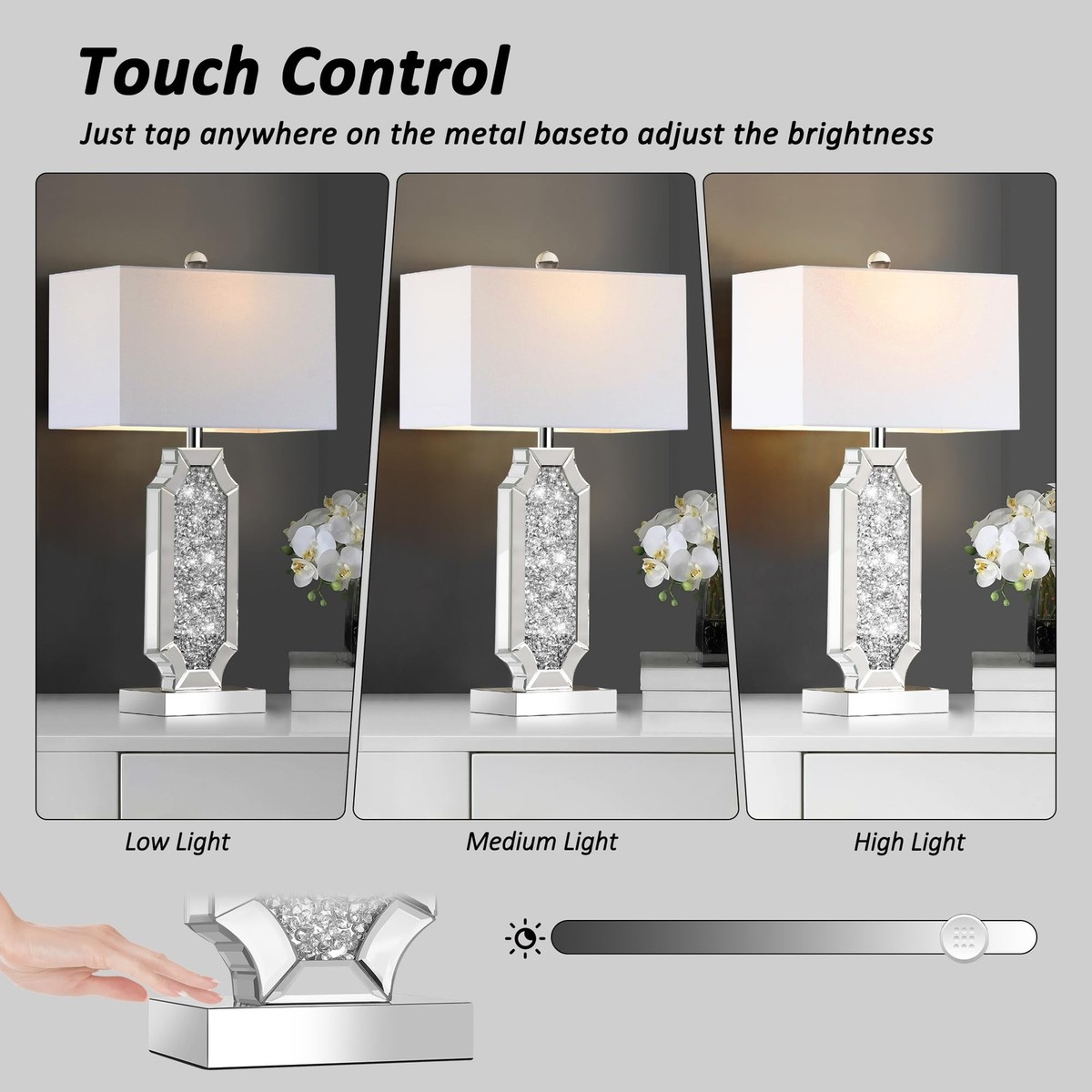 3-Way Dimmable Touch Diamond Crushed Mirrored Bedside Table Lamps