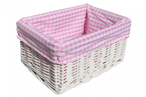 White Wicker Basket & PINK GINGHAM Liner - Nursery Storage Baby Gift Hamper 24cm