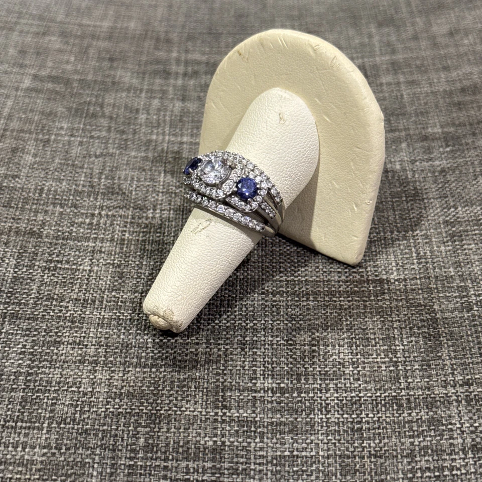 Sterling Silver~3 Stone Thick CZ Engagement Ring W/ Blue CZ Accents~Sz.8~8.5g - Image 3 of 4