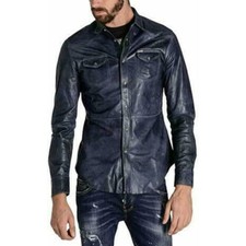 New Men's Blue Leather Shirt Genuine Soft Lambskin Motorcycle Motorbiker Shirt
