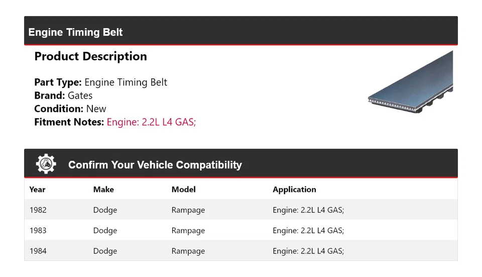 Puertas de correa de distribución de motor de gas 2,2 L L4 1983 para Dodge Rampage 1982-1984 Foto 2 de 4