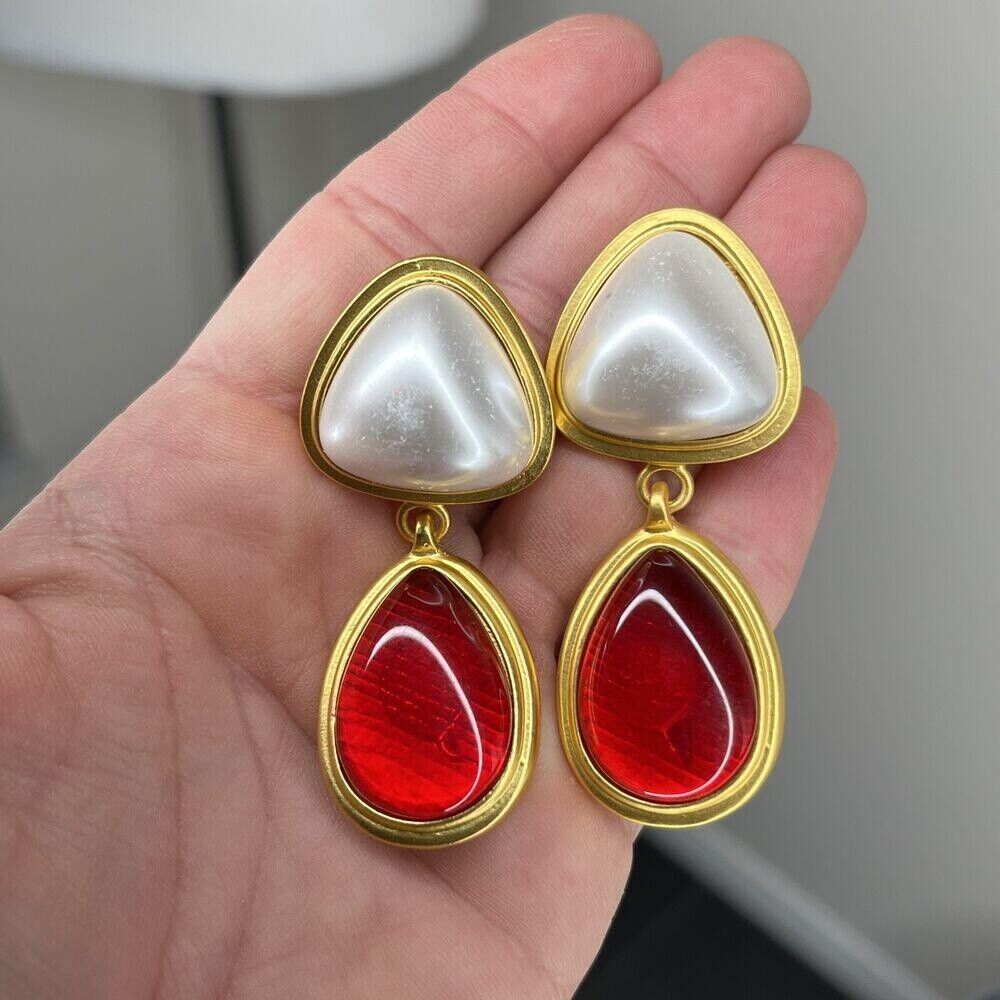 Boucles D'oreilles Pampille Or Et émail Rouge - Bijou Fantaisie Percé - Occasion Très Bon état