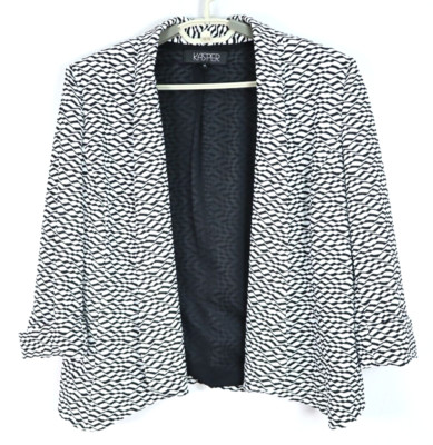 KASPER Women's Textured Polyester 3/4 Sleeve Jacket Geometric Black Whtie Size M