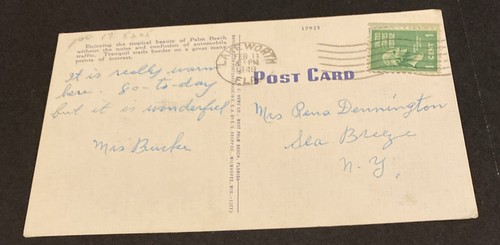 Palm Beach Postcard 1 Cent Washington Stamp Lake Worth FLA Cancel Feb. 11, 1949 - Picture 2 of 2