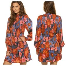 NEW $245 FARM RIO Navy Garden Smocked Long Sleeve Minidress Large SKU2058